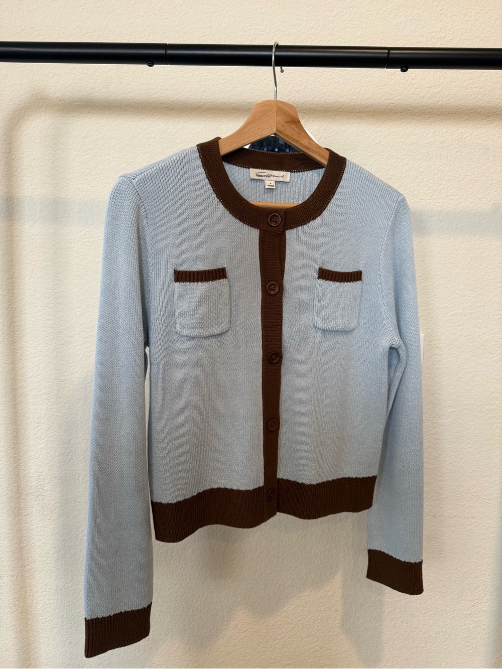 Light Blue Cardigan with Brown Trim